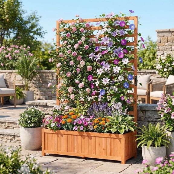 DRAZUNO 59” Wooden Raised Garden Bed w/Vertical Trellis Liner Drainage for Patio Balcony