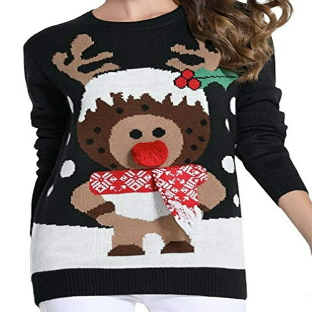 Chandails de Noël Laids pour Femmes Imprimé Élan/lanterne en Tricot Ample à Manches Longues