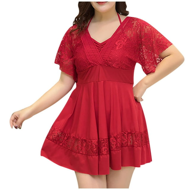 Pisexur Swimwear for Women Sexy and Lithe Plus Size Bathing Suit One Piece Lace V-neck Swim Dress Tummy Control Swimsuits Ruffle V Neck Swimwear(S-5XL)