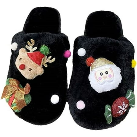

PIKADINGNIS Christmas Slippers for Women Fashion Santa Claus Deer Tree Furry House Shoes Soft Warm Fluffy Faux Fur Indoor Slippers Family