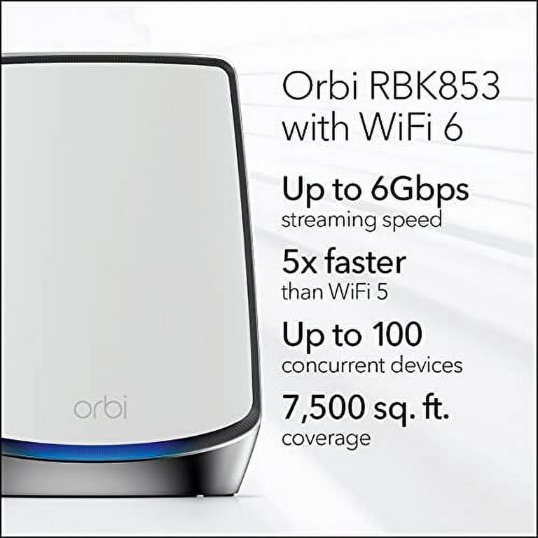 NETGEAR Orbi Whole Home Tri-band Mesh Wi-Fi 6 System (RBK853) – Router with  2 Satellite Extenders, Coverage Up to 7,500 Square Feet, 100 Devices,