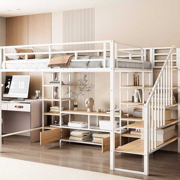 White Loft Bed With Staircase & Low Shelves, Metal - Elegant Staircase, Storage Table Shelf Strong