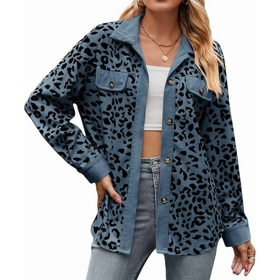 Women's Corduroy Leopard Print Shacket Long Sleeve Button Down Casual Lightweight Fall Jacket Coat
