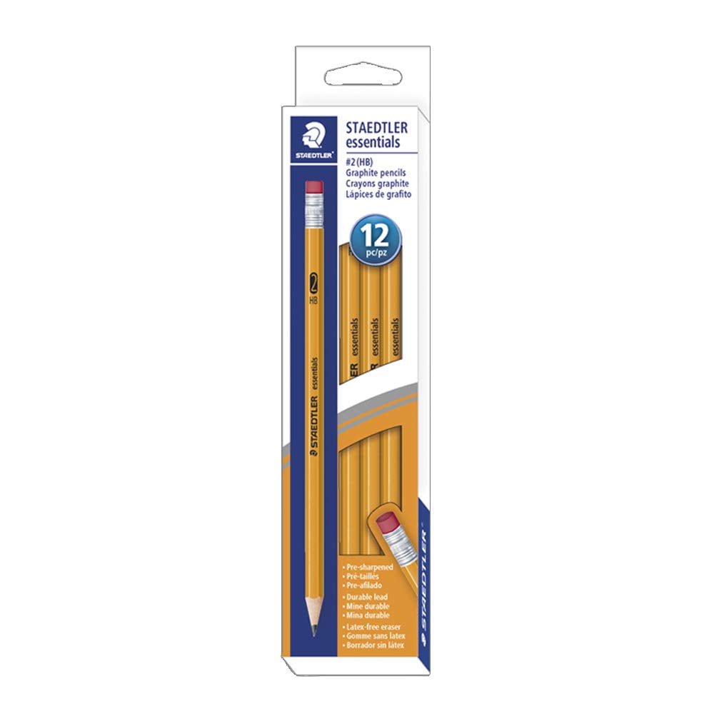 Staedtler Essentials PreSharpened HB 2 Yellow Wood Graphite Pencils, with latexfree pink