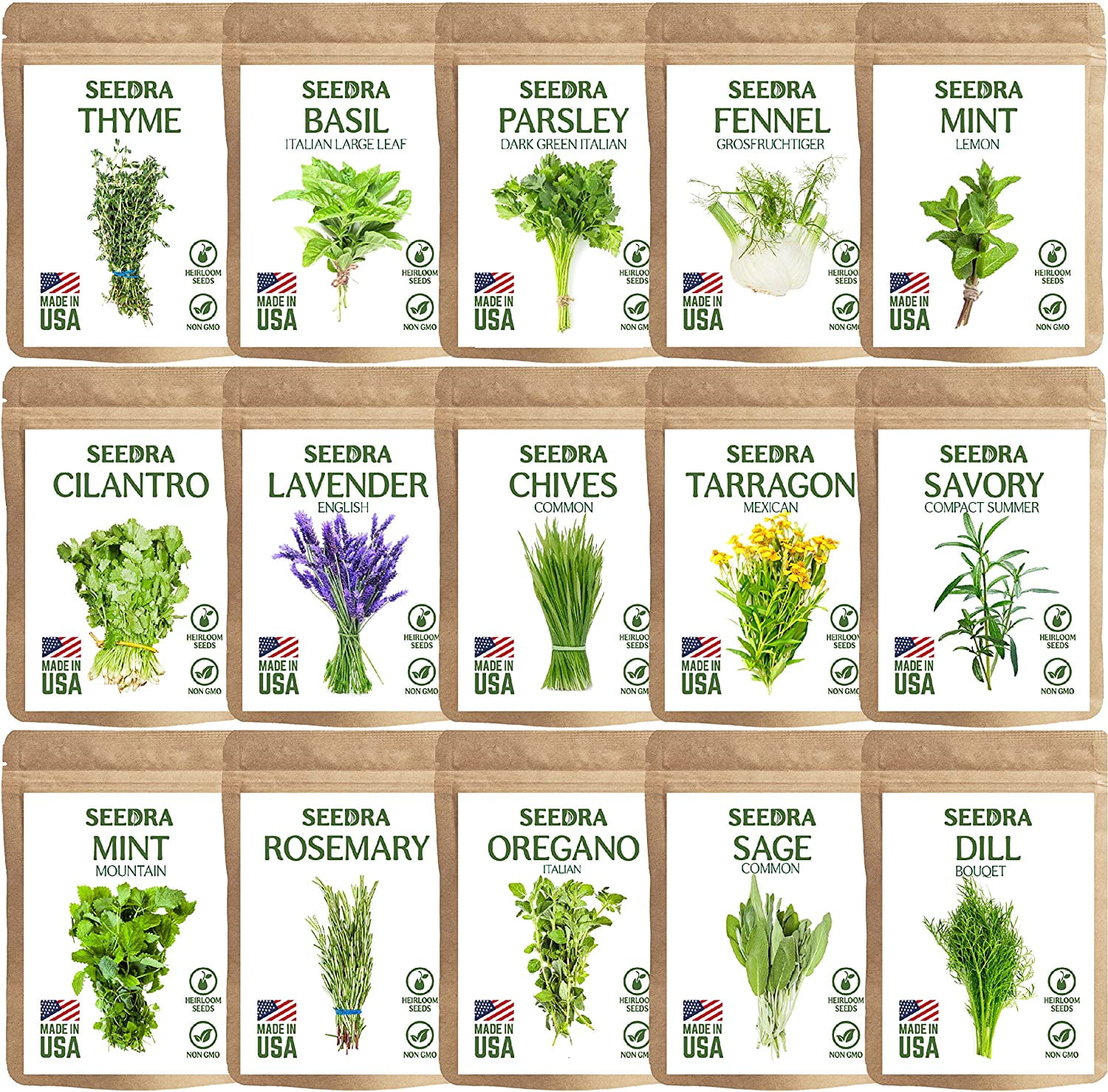 SEEDRA.US 15 Herb Seeds Variety Pack 4500+ NonGMO Heirloom Seeds for Planting Hydroponic