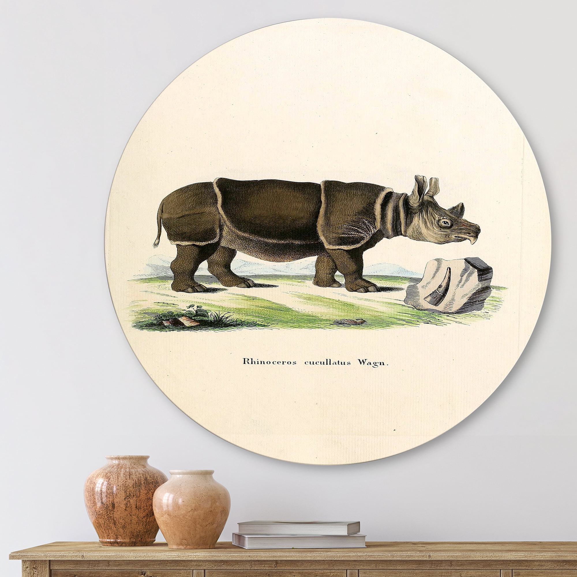 Designart 'Ancient Rhinoceros' Farmhouse Circle Metal Wall Art 23x23 - Disc of 23