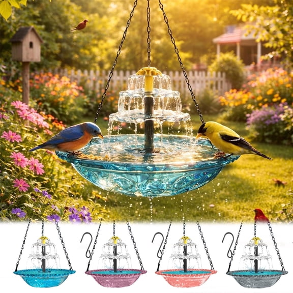 2026 New Solar Cascade Hanging Bird Bath Fountain, Outdoor Hanging Bird Bath with Solar Fountain, Large Humming Birds Baths Fountains, with Solars Pump & Glass Bowl, for Outdoor, Gardens - Blue