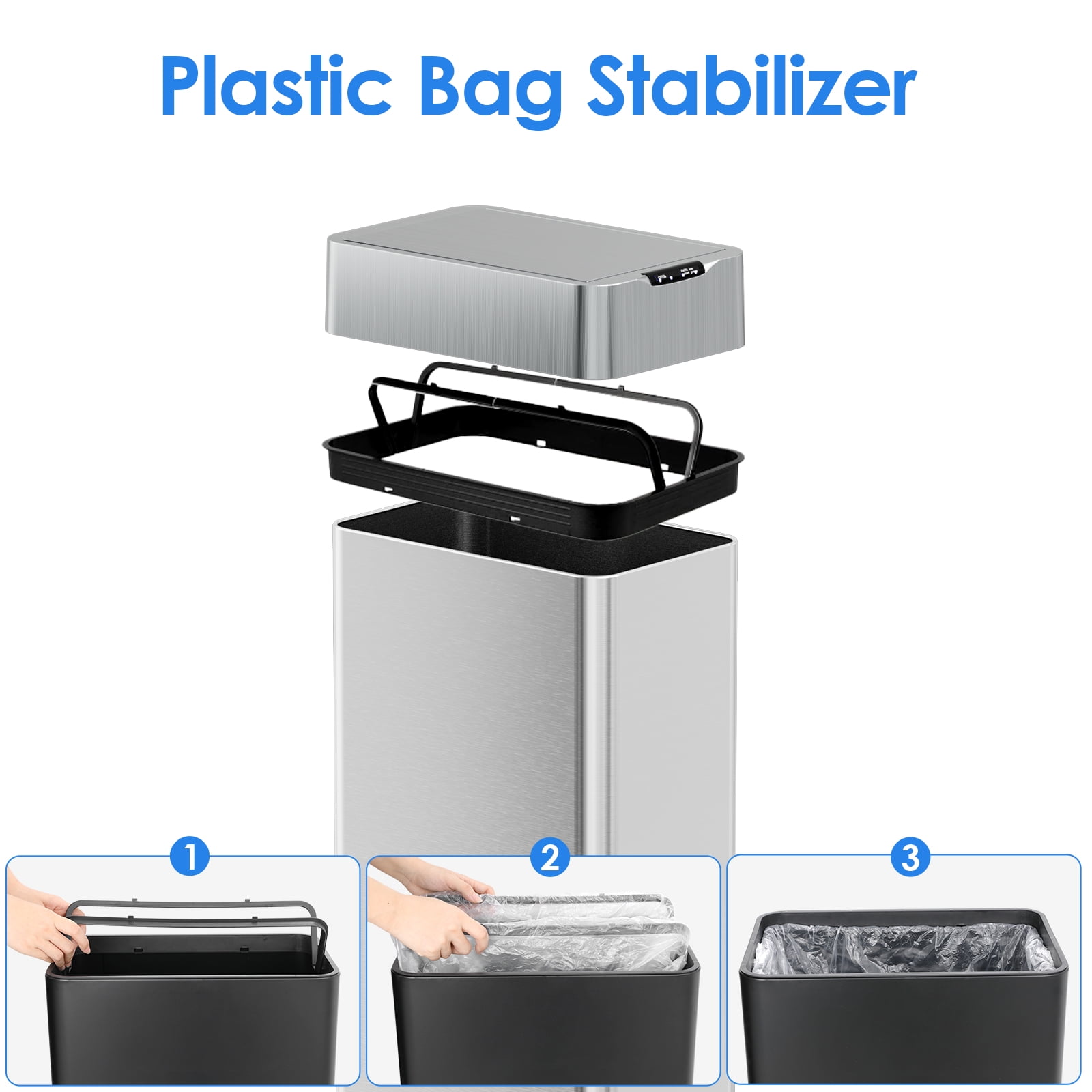 Pirecart 18.5 Gallon Automatic Trash Can, Touchless Motion Sensor Kitchen Garbage Can Stainless Steel with Lid, Silver