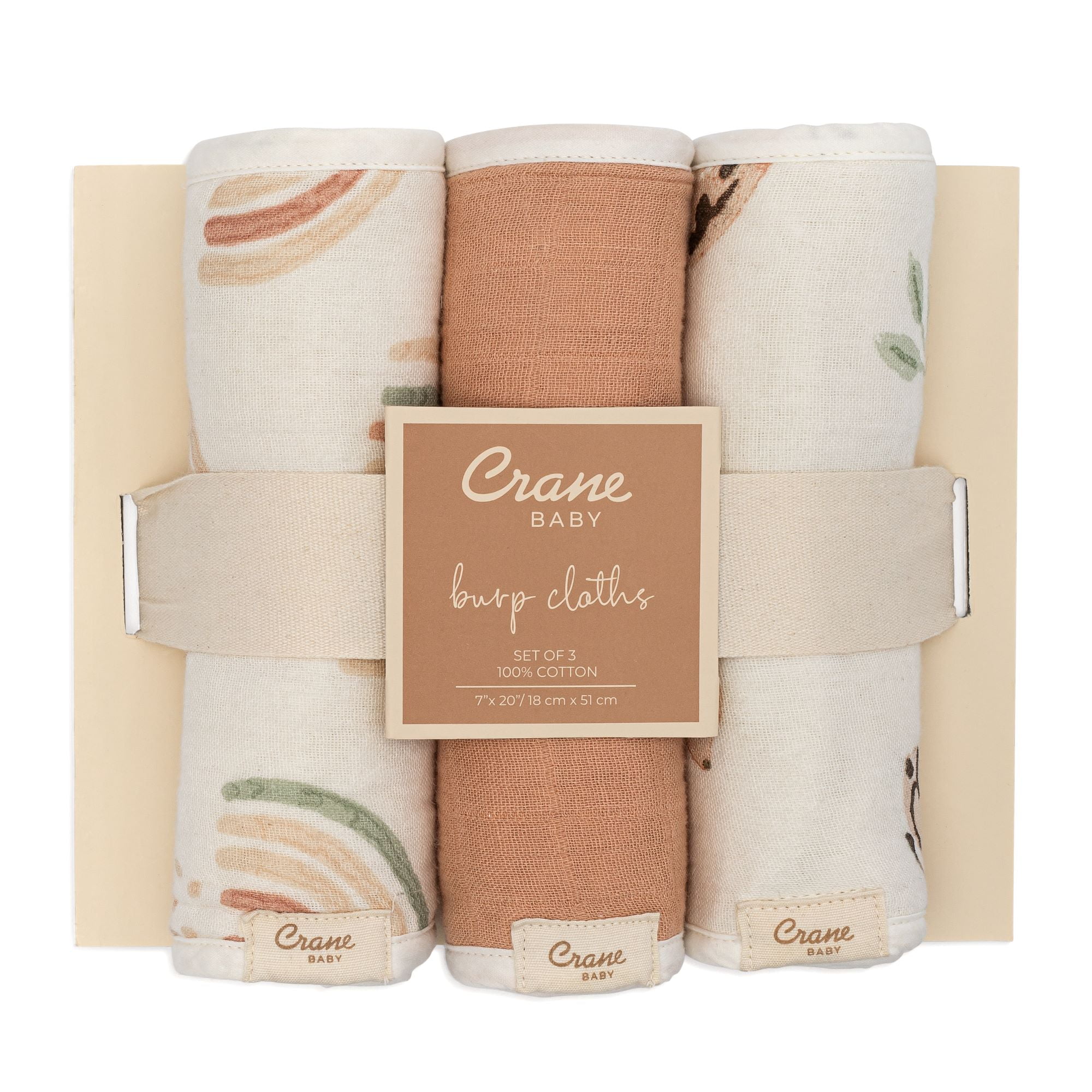 Crane Baby Muslin Baby Burp Cloths, Lightweight Absorbent Burp Cloth, Rainbow/Butterfly, Set of 3, 7” x 20”, Newborn Baby Essentials, Burp Cloths Baby Boy, Burp Cloths Baby Girl, Newborn Essentials