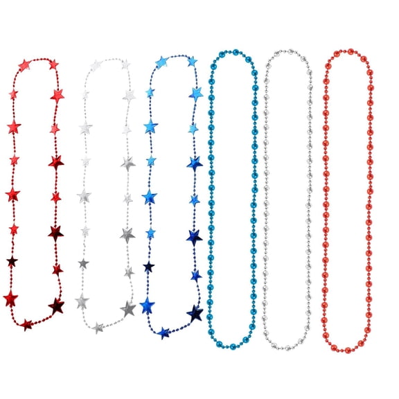 Fourth of July Accessories, Blue Party Favors, 35 in Metallic Stars, Bead Necklaces Bulk, Street Festival Celebrations, Assorted Shapes, 6 Pc