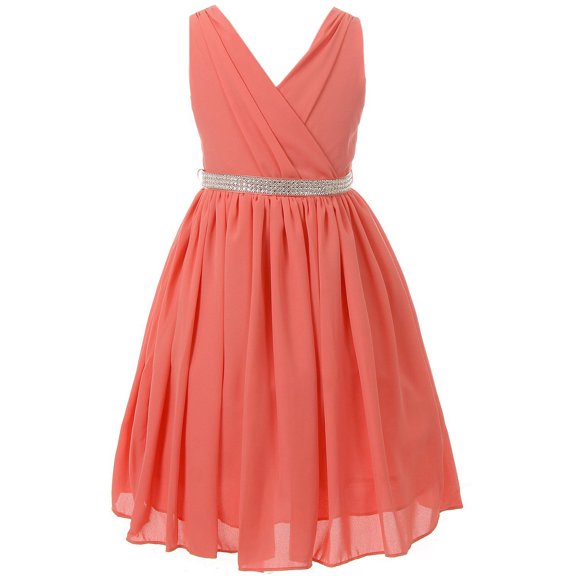 Little Girls Dress Shirring Chiffon V Neck Easter Birthday Flower Girl Dress USA Coral Size 4 (G35G61)