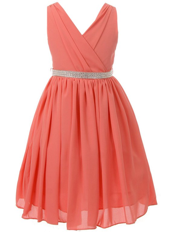 Little Girls Dress Shirring Chiffon V Neck Easter Birthday Flower Girl Dress USA Coral Size 4 (G35G61)