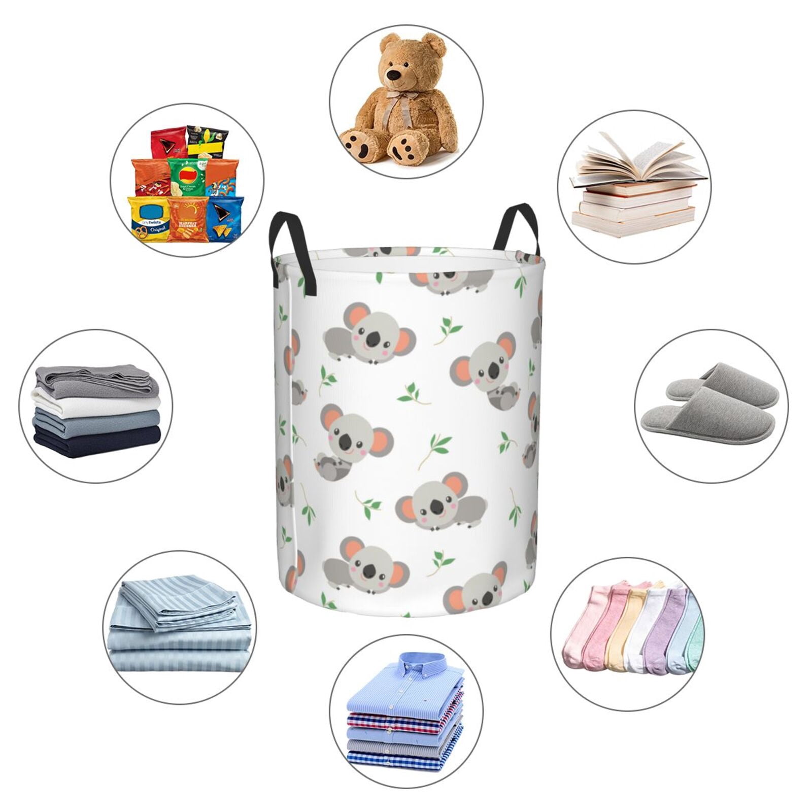Large Laundry Basket with Handles - Gray White Koala Print Kids Baby Dirty Clothes Laundry Hamper for Bedroom Aesthetic