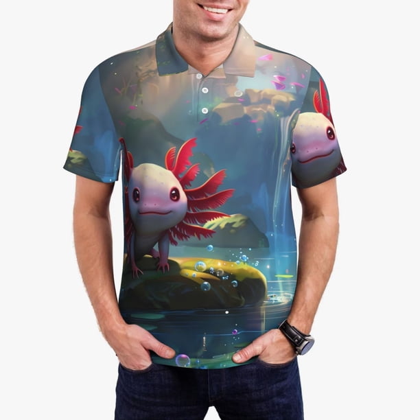 Balery Pond Cute Axolotl Camisa Polo de Hombre con Estampado, de Manga Corta y Tejido Medio, Camisa Tipo Golf Polo-X-Large