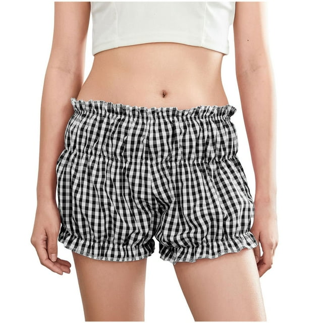 FAIWAD Womens Lace Layered Ruffle Shorts Mid Waist Puffer Mini Shorts Plaid Print Stretchy Shorts Streetwear