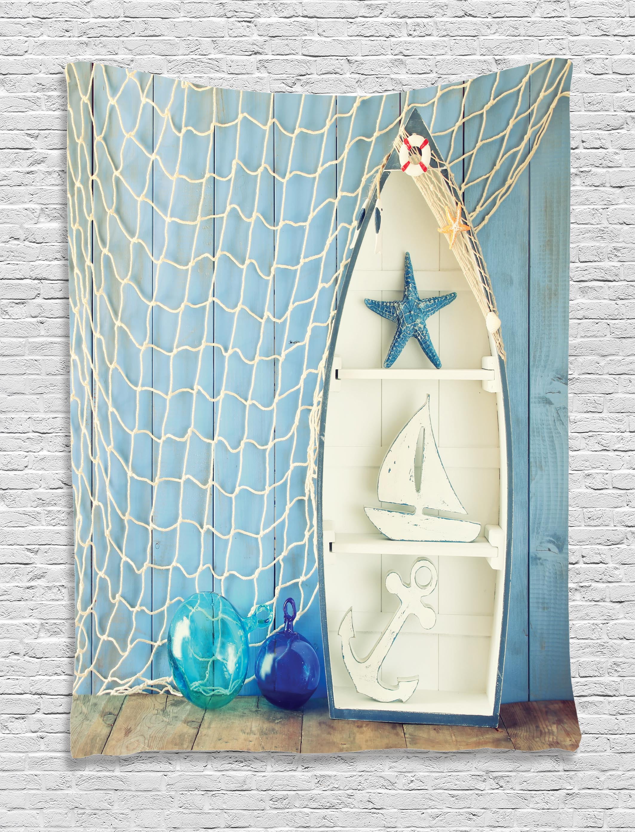 Nautical Tapestry, Sea Objects on Wooden Backdrop with Vintage Boat