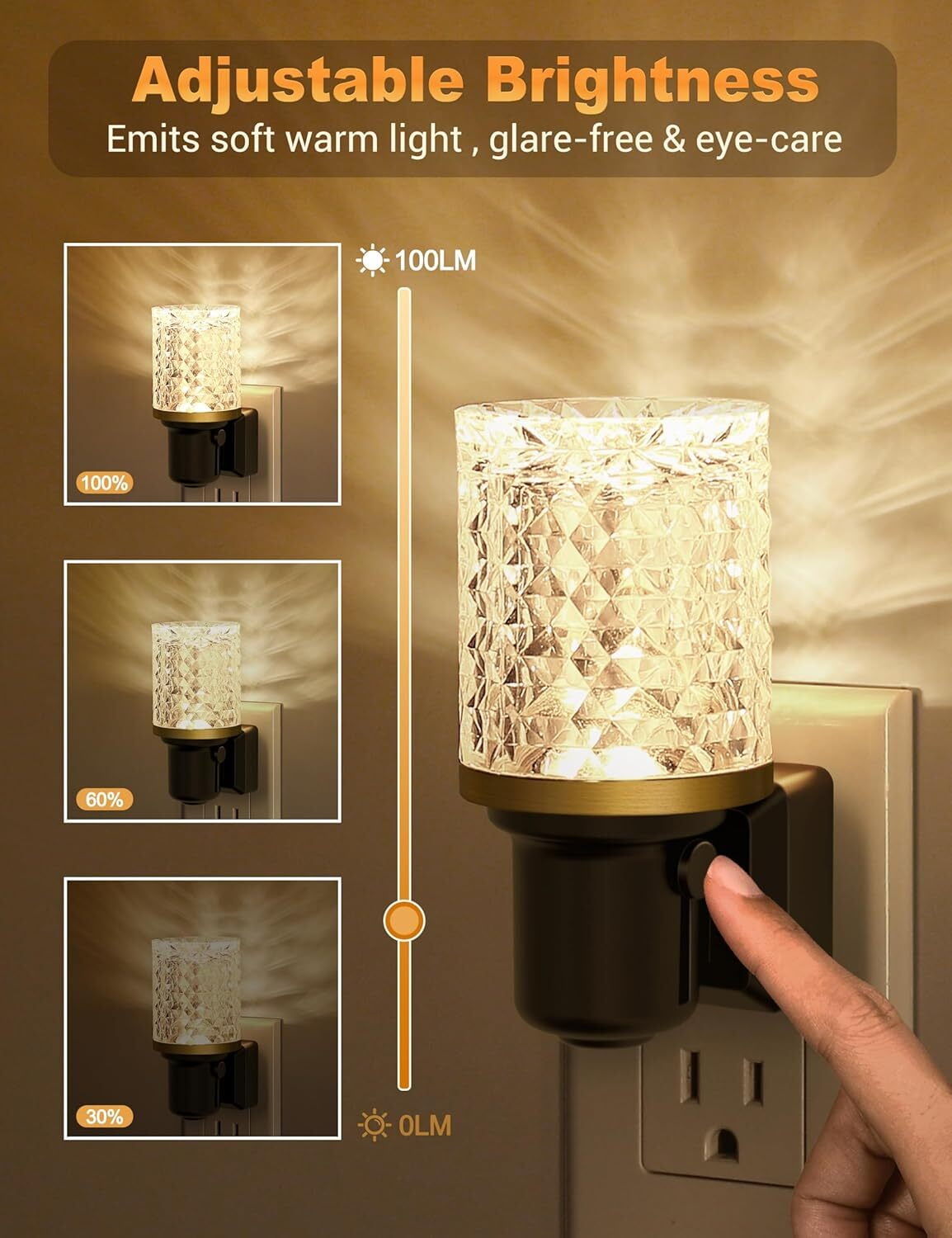 YANSUN Black and Brass Diamond Crystal Column Night Light, Set of 2 Lamps Display, Warm White 3000K Plug-In, Decorative Lighting for Bedroom, Living Room, Kitchen