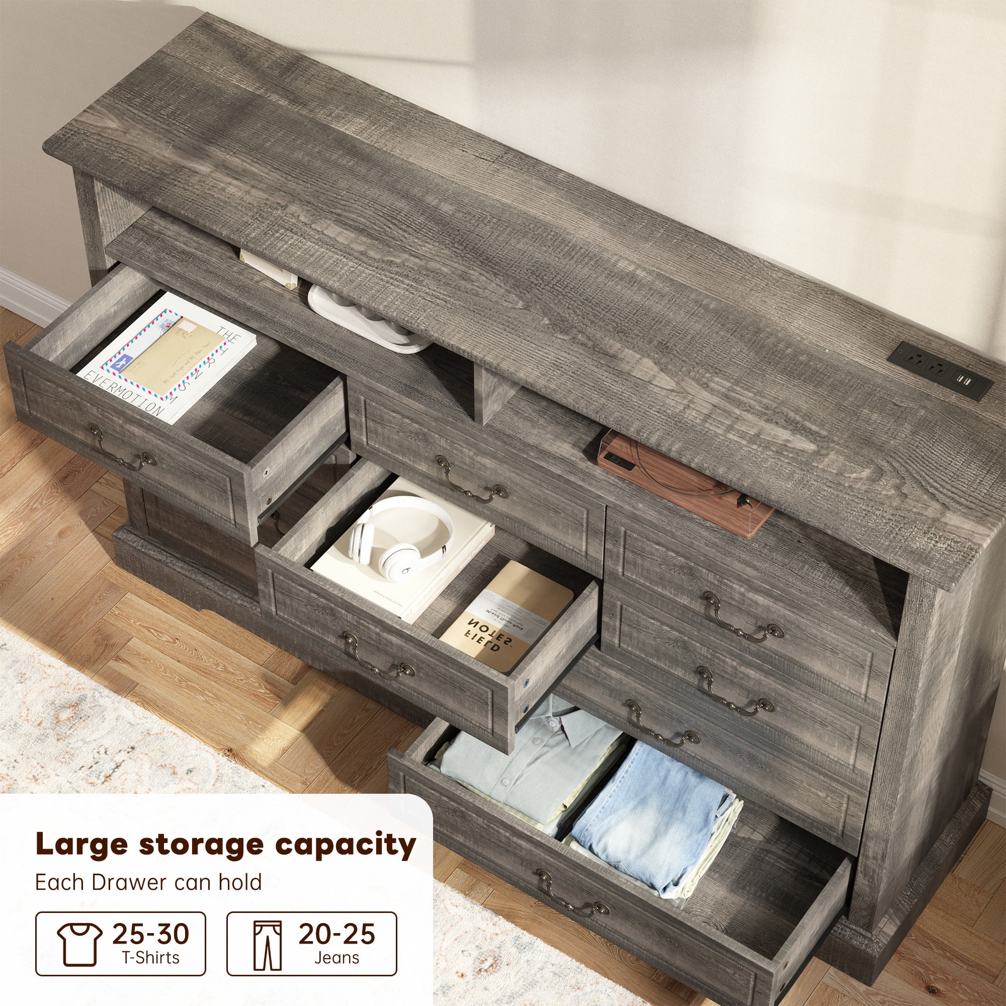 EnHomee Wood Dresser 10 Drawers Dressers for Bedroom with LED Lights and Power Outlets,Rustic Oak