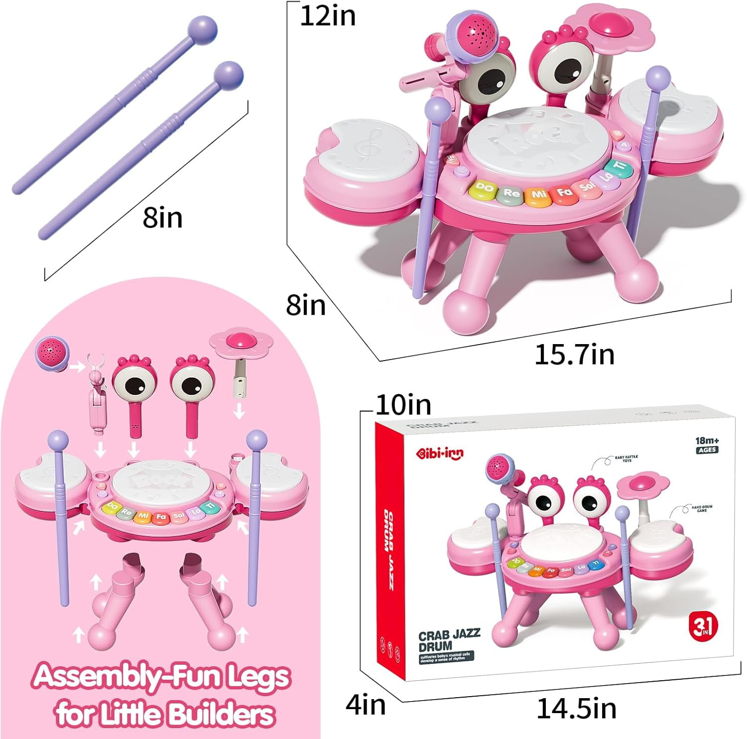 LINXUXIE Crab Drum Instruments Set, Kids Musical Toy with Microphone, Birthday Gifts for 1-3 3-5 5-8 Year Old