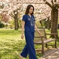 thumbnail image 6 of Botanical Embroidered Linen Set for Women, V-Neck Short Sleeve Tunic Top with Wide Leg Palazzo Pants - Boho Summer Vacation Co-ord Outfit Navy XXXL, 6 of 8