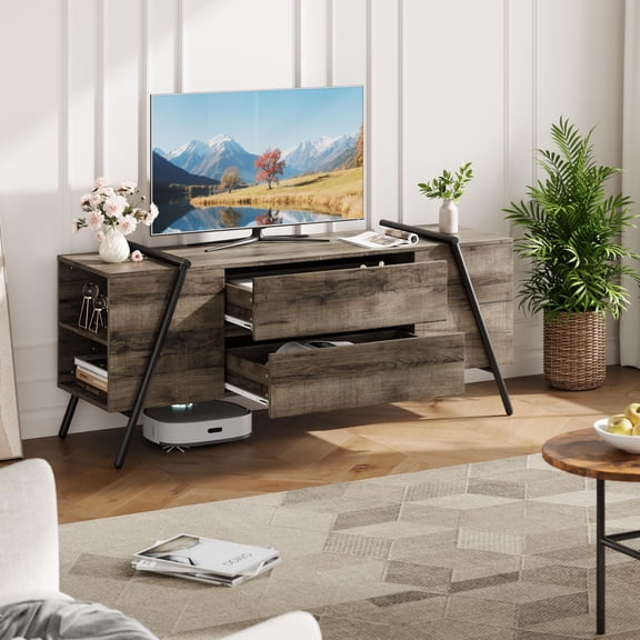 55-Inch Farmhouse TV Stand, Wooden Media Console with U-Shaped Metal Legs, Adjustable Storage Shelves & 2 Drawers, Entertainment Center for 50-65 Inch TVs, Natural Oak