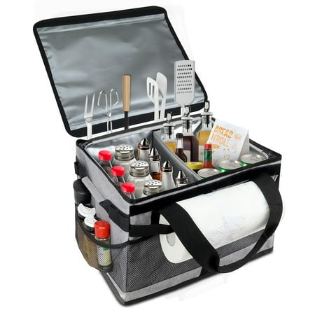 

Mordx Large Grill and Picnic Caddy with Paper Towel Holder Foldable Picnic Basket Bag BBQ Organizer for Outdoor Camping Grill Tools Accessories for Backyard BBQ Grilling Tool RV(Grey) C49