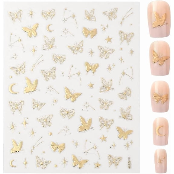1 Sheet 5D Embossed Nail Art Stickers Gold Butterfly Nail Stickers Sun Moon Star Decals Self Adhesive Design Spring Summer Jelly Butterflies Celestial Decal