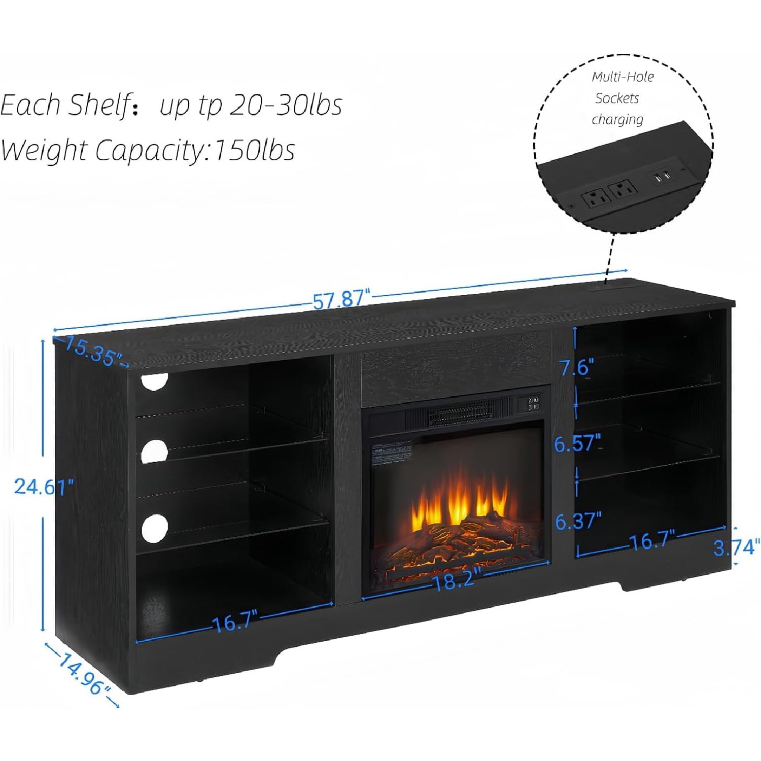 Electric Fireplace TV Stand with LED Lights and Charging Outlets, Black TV Console for TVs Up to 65", Modern Entertainment Center, TV Stand for Bedroom