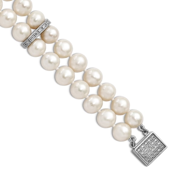925 Sterling Silver Polished 7-8mm White Fwc Pearl 2-strand Cubic Zirconia Fancy Bracelet 7 Inch Strand Bracelet for Wom
