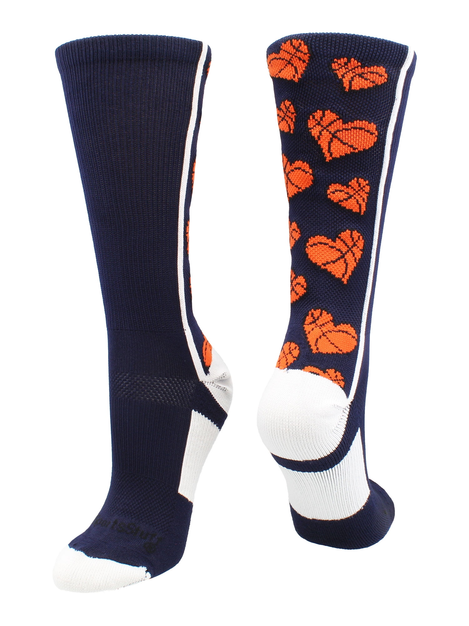 Crazy Basketball Hearts Crew Socks (Navy/White, Large) Navy/White