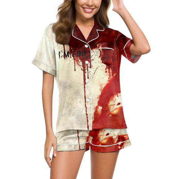 Halloween Pajama Sets for Women 2 Piece Shorts Collared Button Loungewear Sets Funny Print Short Sleeve Top and Shorts Loungewear Sets