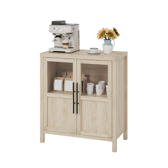 QinaQin Aparador con 2 puertas de vidrio, 2 cajones y cubierta de madera, mueble tipo coffee bar para cocina, comedor o sala