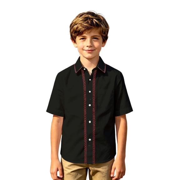 Kiijoy Boys Short Sleeve Button Up Shirt Summer Lightweight Shirt Top, Black, 9-10 Years