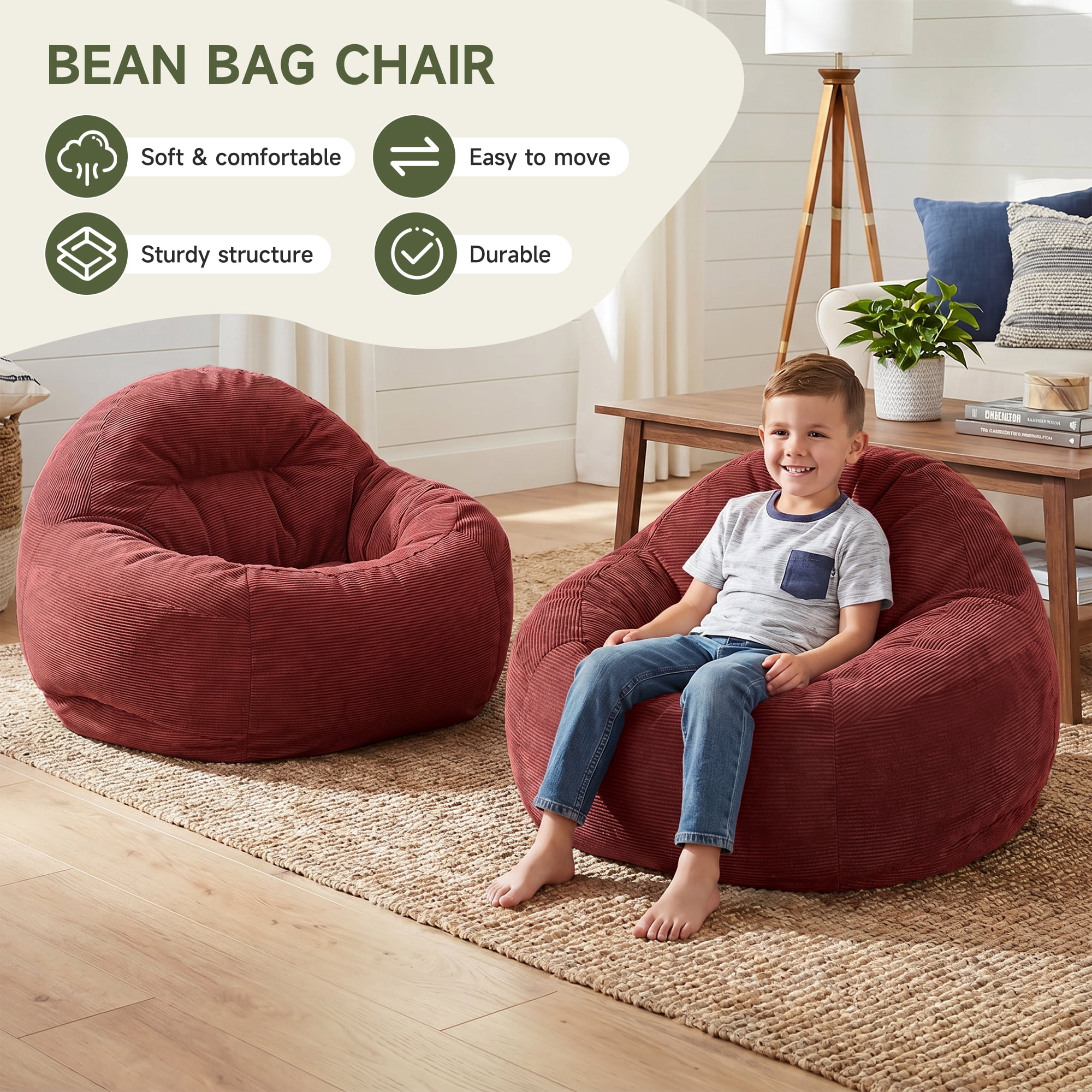 Bean Bag Chair with Filler, Bean Bag Sofa with Tufted Soft Stuffed Filling, Fluffy and Lazy Sofa, Comfy Cozy BeanBag Chairs with Memory Foam for Dorm, Apartment, Living Room