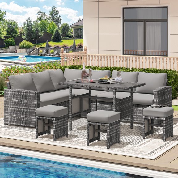 AECOJOY 7 Pieces Patio Furniture Set PE Rattan Outdoor Dining Set Sectional Sofa Couch with Table Patio Conversation Set in Grey