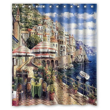 Greendecor Beautiful Seaside Streets Of York Cafe Watercolor Waterproof Shower Curtain Set With Hooks Bathroom Accessories Size 60x72 Inches