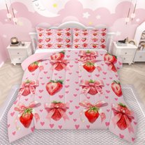 Manfei Cute Bow Knot Bedding Comforter Set,Sweet Strawberry Twin Comforter Sets,Pink Heart Print Bedding Set For Girl Teens,Ultra Soft Home Decor Reversible,2pcs