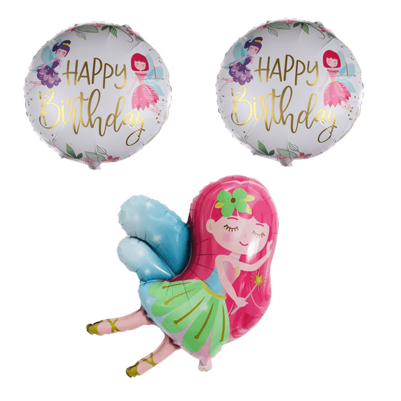 Fairy Birthday Party Balloons Set; Pink, Blue, White; Girl's 3-Piece Foil Balloon Decor