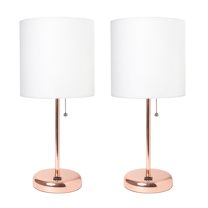Creekwood Home 19.5" Oslo Contemporary Bedside Duo, Rose Gold Table Lamp Two Pack Set with USB Port, White Shades