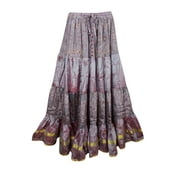 Mogul Womens Maxi Skirt Tiered Purple Printed Sari Boho Chic Long Skirts
