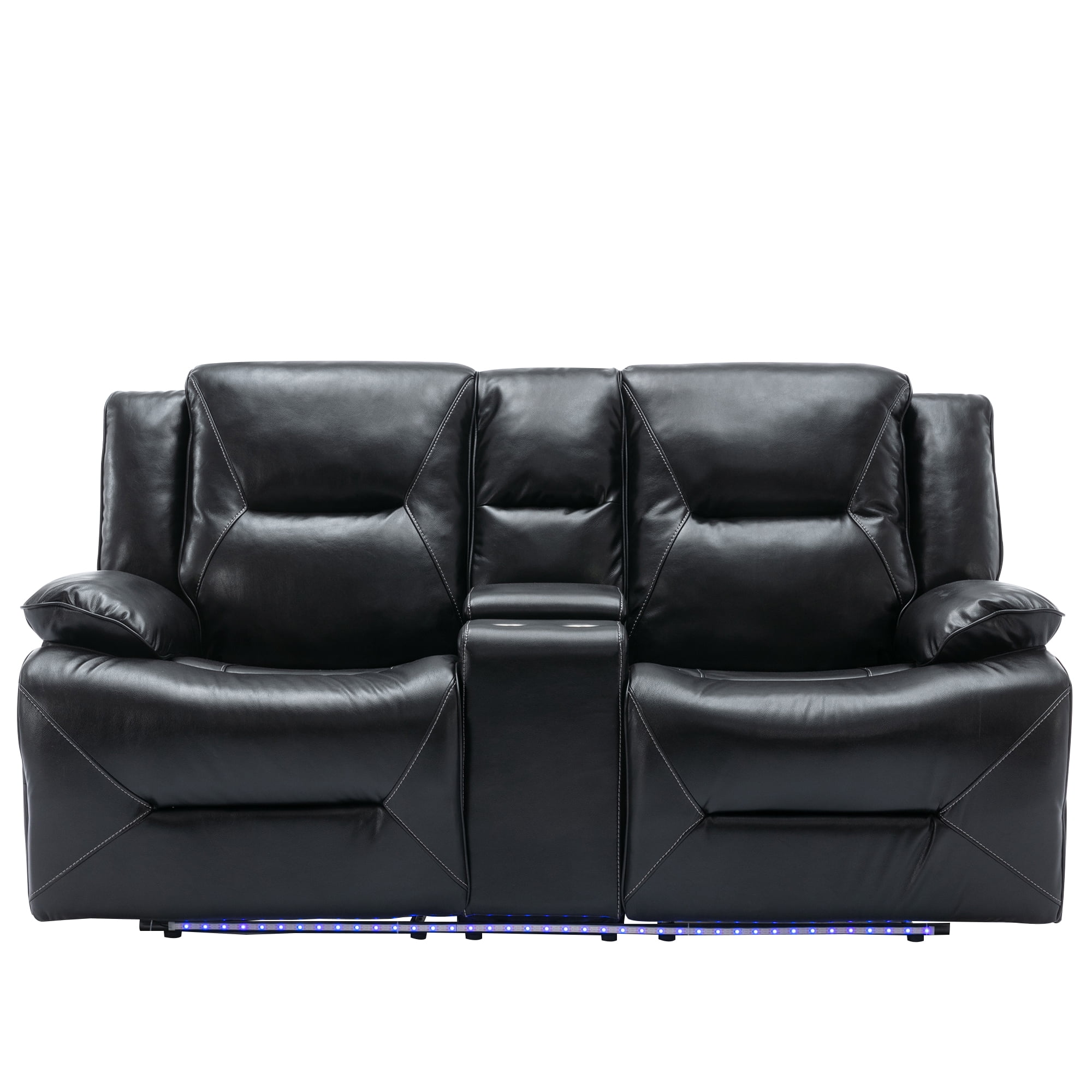 Euroco 2 Seater Home Theater Recliner Manual Recliner Chair with a LED Light Strip Two Cup Holders and a Storage Box for Living Room,Bedroom, Black