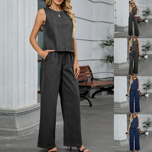 CHUMUD Womens Formal Summer 2 Piece Denim Outfit Sleeveless Tank Top Jean Pants Set Casual Business Work Set