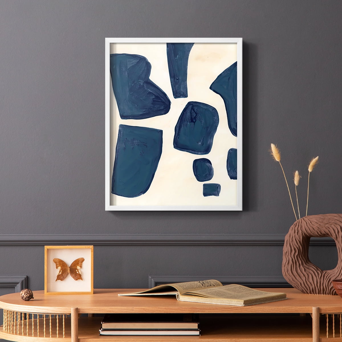 Blue Pieces I Framed Print in White Solid Wood Framed Print No Nail Hanging