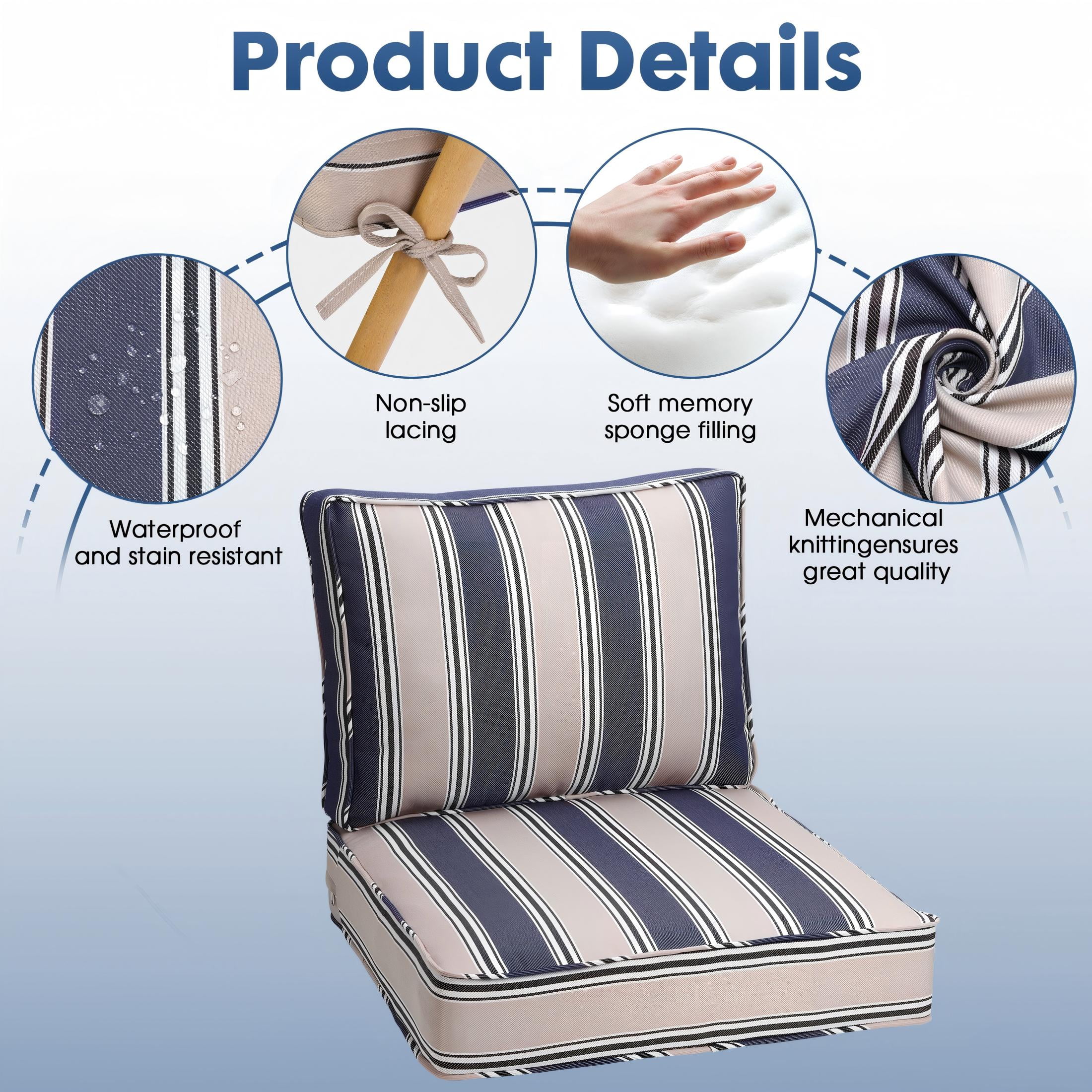 Naturoasis Outdoor Sofa Cushion Set of 4 for 2-Seater Patio Furniture, 24 x 24Inch Waterproof Fade Resistant Deep Seat and Back Cushions with Removable Covers,Sofa, Blue Stripes