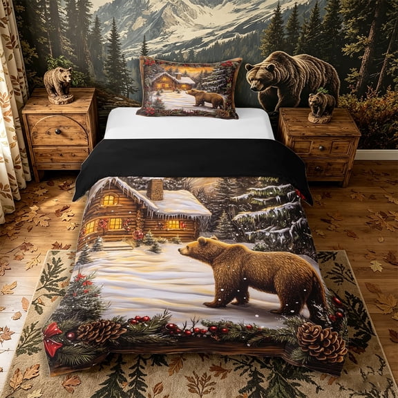 Castle Fairy Vintage Winter Cabin Bear Twin Duvet Cover,Pine Berry Bow Twin Bedding,Brown Red White,Black Reversible,2pcs,No Comforter,1 Duvet Cover and 1 Pillowcase
