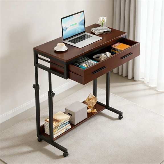 Adjustable Height Rolling Desk Mobile Side Desk with Drawer and Storage Shelf