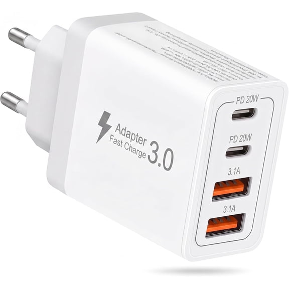 European Travel Plug Adapter 2C2A, USB C Charger Block Phone Wall Chargers Fast Charging Block 2 Type C & 2 USB-A Ports, Power Adapter Universal Compatible with Cell Phones Tablets Laptops /White