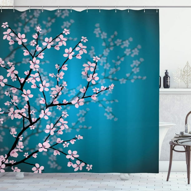 Cortina de ducha japonesa con estampado de flores de cerezo, juego de decoración de baño de tela con ganchos, 180 cm x 180 cm, color azul pálido y rosa.