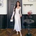 thumbnail image 2 of Vestido largo de una pieza blanco satinado de otoño con temperamento, nuevo y elegante, para mujer, con escote en V, cintura delgada, manga larga, ajustado, ropa de fiesta, bata, 2 of 4