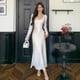 thumbnail image 2 of Vestido largo de una pieza blanco satinado de otoño con temperamento, nuevo y elegante, para mujer, con escote en V, cintura delgada, manga larga, ajustado, ropa de fiesta, bata, 2 of 5